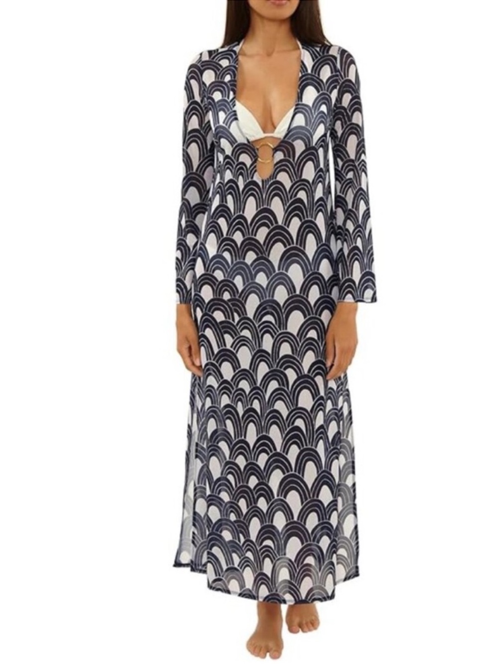 Trina Turk Navy & White Arch-Print Sheer Maxi Cover-Up